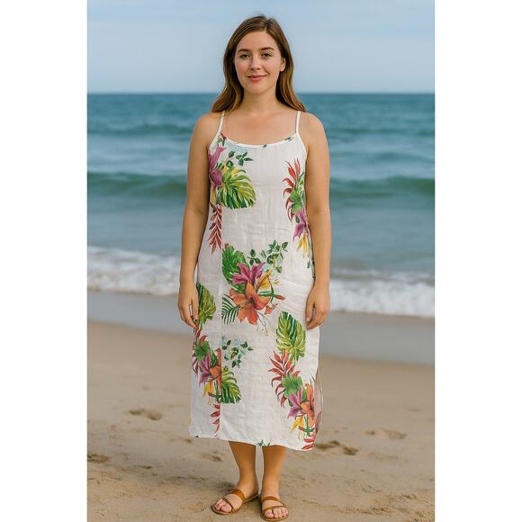 NEW Italian 100% Linen SunDress ,Swim cover, vacation Tropical 2 Pockets Size L - Picture 1 of 8